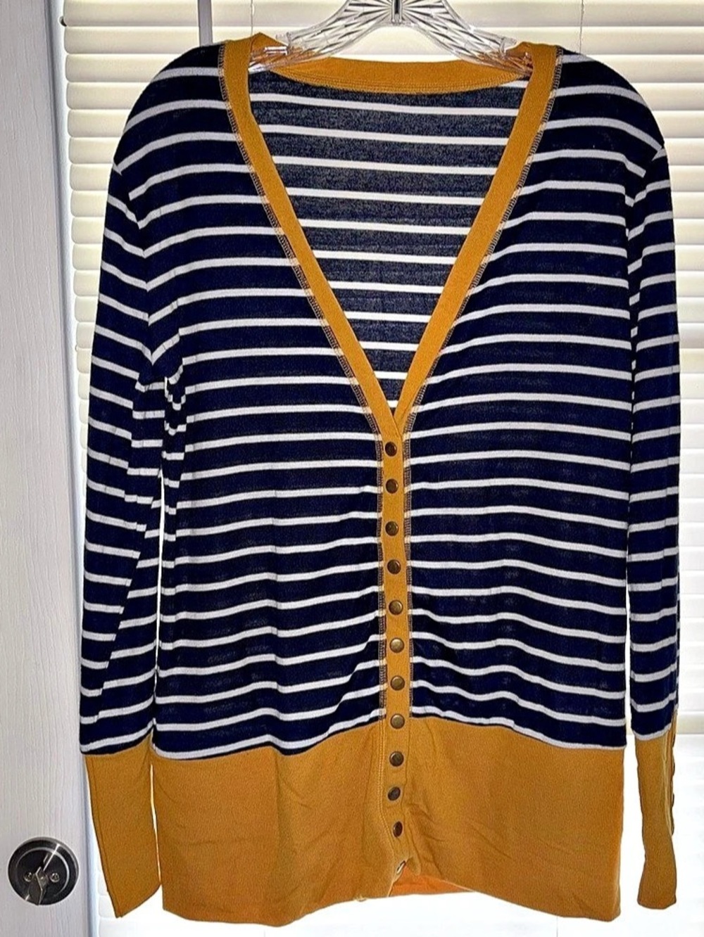 Nordstrom Top Cardigan Navy Mustard Stripe Snap Preppy Academia Office Size Med
